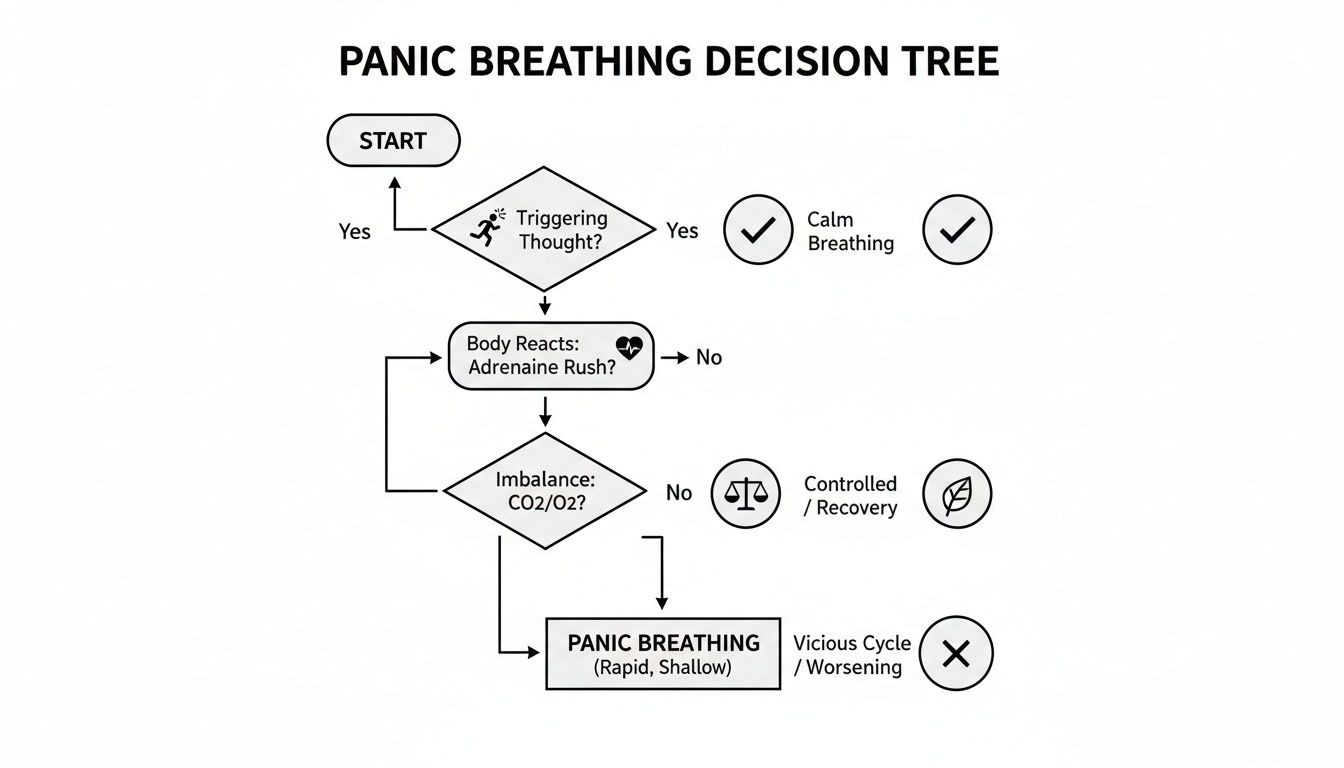 Flowchart illustrating the Panic Breathing Decision Tree, detailing steps from triggering thoughts to calm or rapid, shallow breathing.
