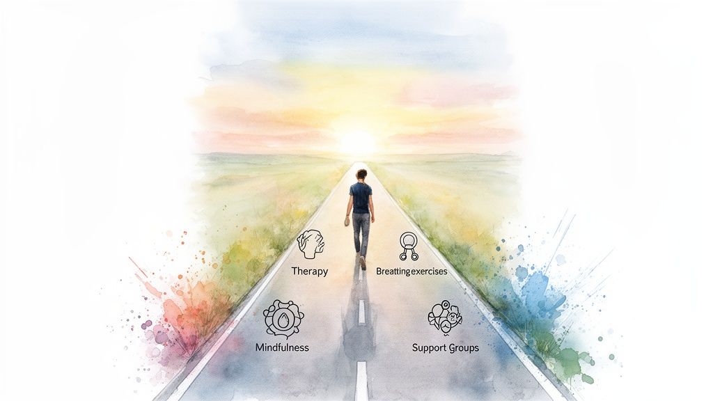 A person on a path towards a bright horizon, with options for mental health: Therapy, Mindfulness, Breathing exercises, Support Groups.