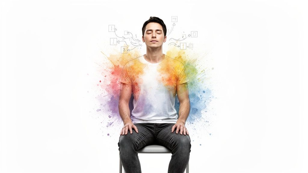 A man with closed eyes surrounded by vibrant watercolor splashes and abstract thought symbols.