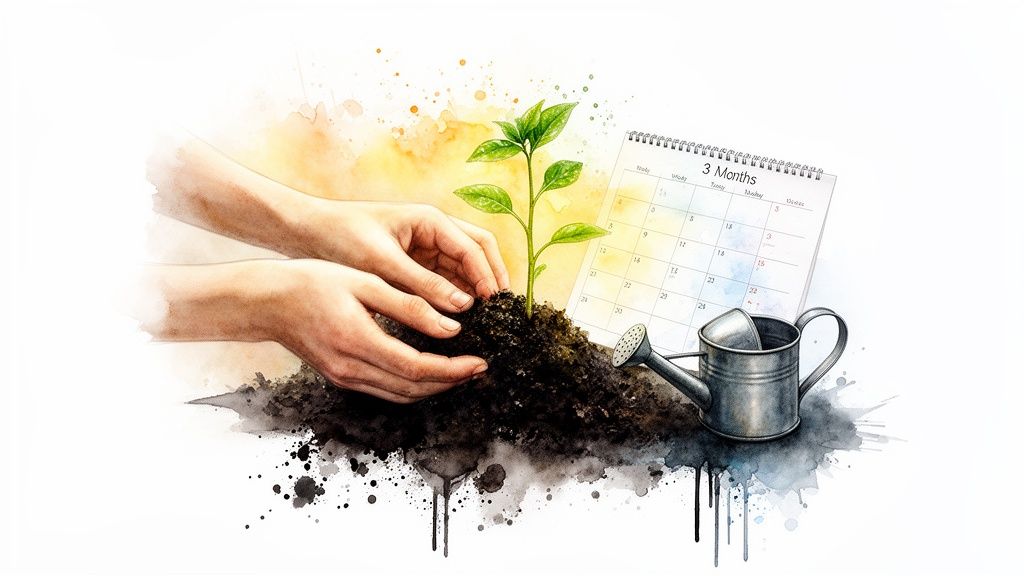 A watercolor image of hands planting a green sprout, with a watering can and a "3 Months" calendar.