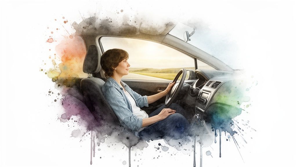 A calm woman driving a car on a sunny road, depicted with artistic watercolor splashes.