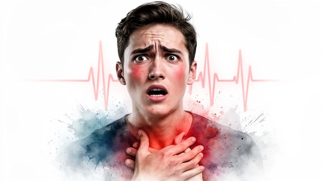 A young man experiencing severe chest pain and anxiety, clutching his chest with an ECG line.