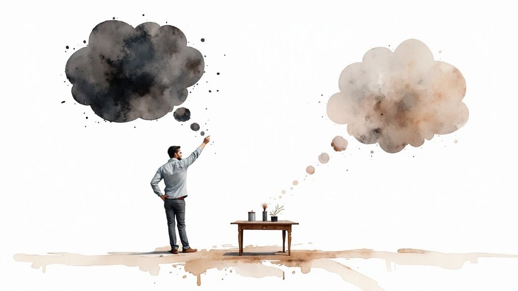 A man chooses between dark and light thought bubbles, representing negative versus positive thinking.