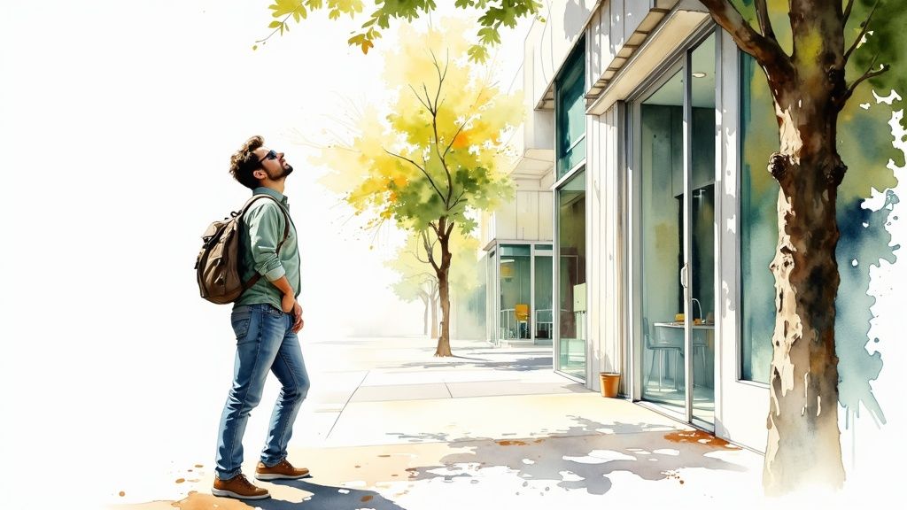 A person taking a mindful walk in a park during a sunny day