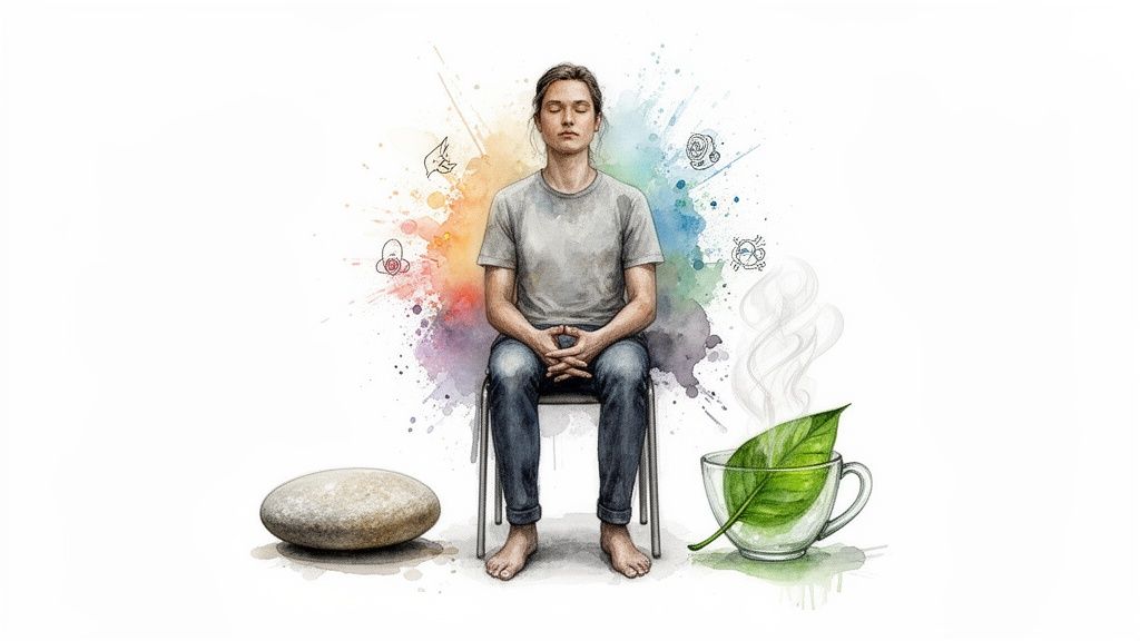 A person meditating on a chair, surrounded by colorful splashes, sensory icons, a stone, and tea.