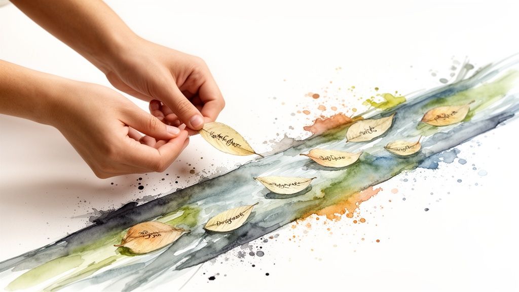 A person's hands placing a small leaf with text on a watercolor painting of a river with many floating leaves.