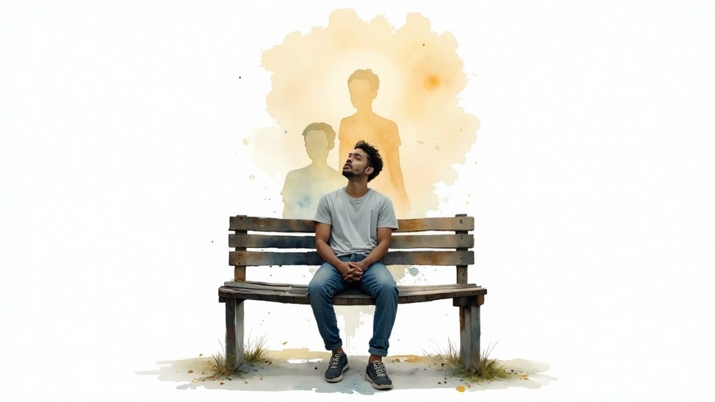 A man sits on a wooden bench, looking thoughtfully upwards, with two abstract human silhouettes behind him.