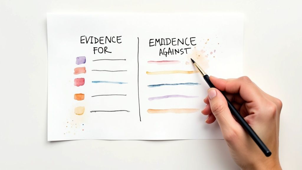 A hand paints colorful watercolor swatches on a list titled 'EVIDENCE FOR' and 'EMIDENCE AGAINST'.