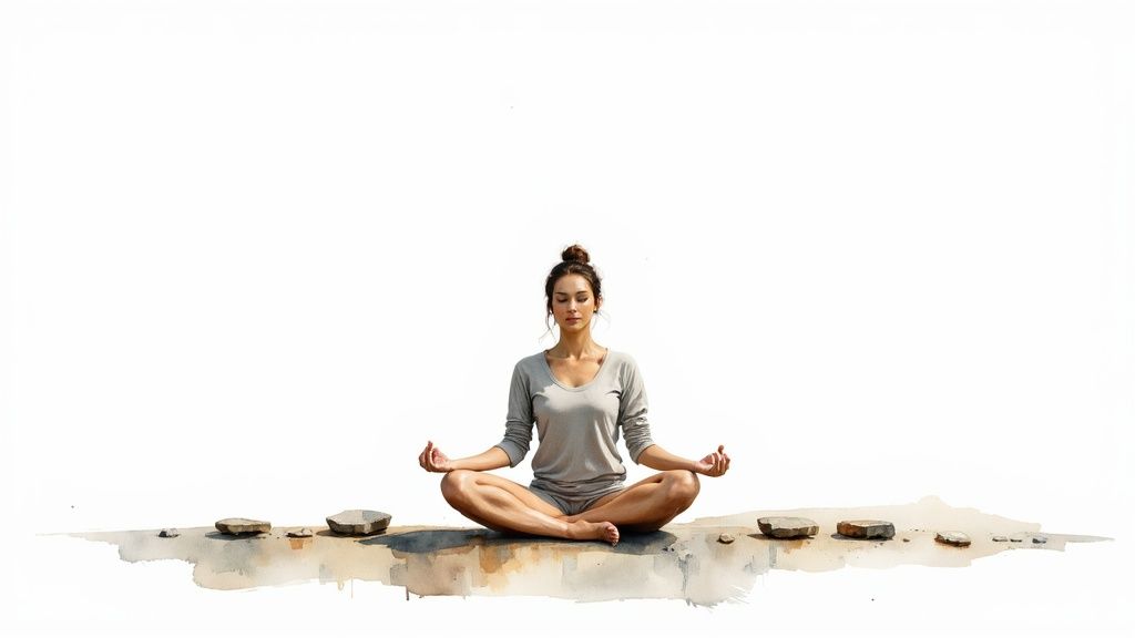 A woman with a bun meditates in a lotus pose on a minimalist watercolor ground with stones.