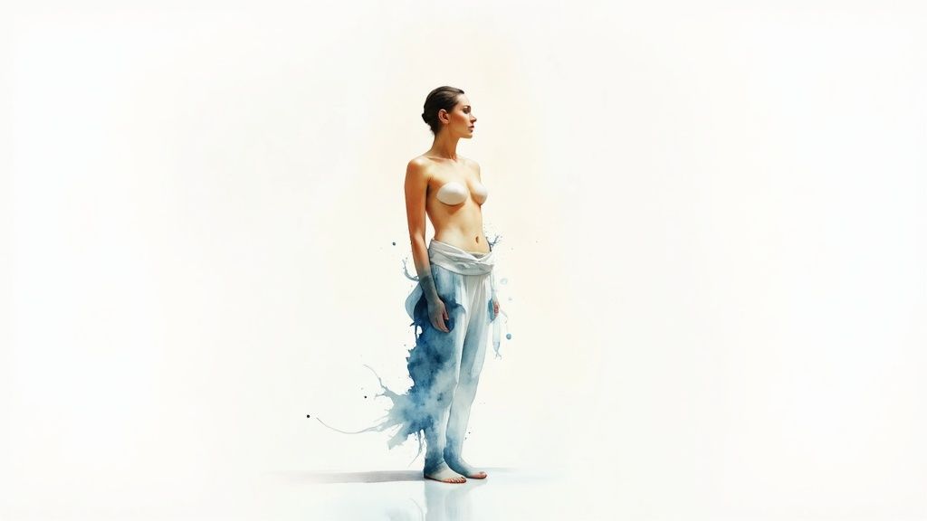 Woman's figure with blue watercolor painting effects dissolving her lower body.
