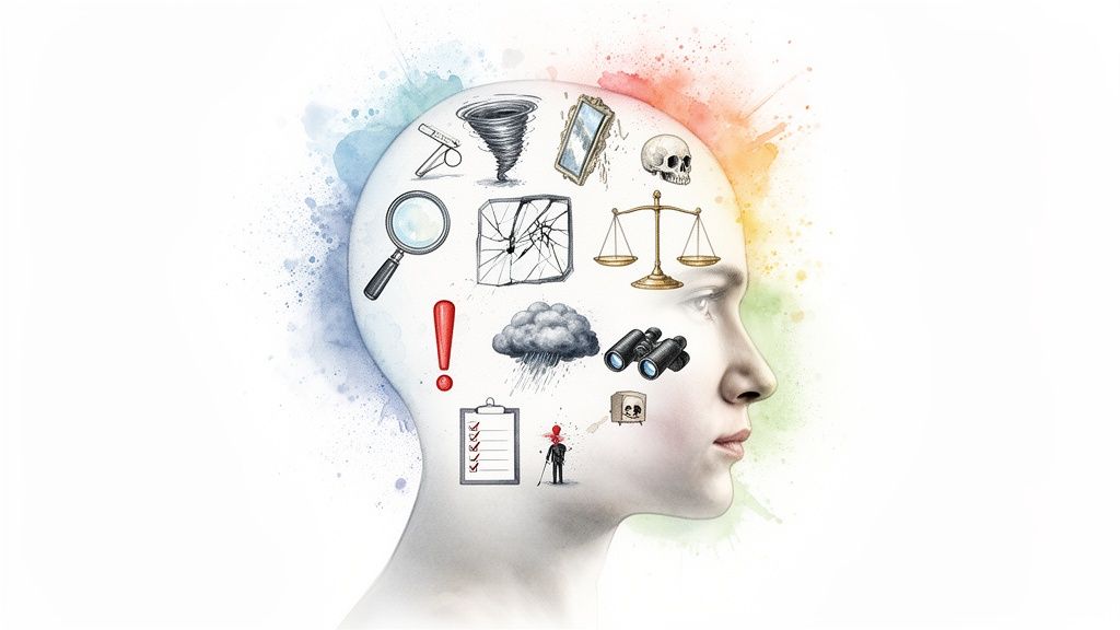 Human head illustration with symbols like a tornado, broken glass, and skull, depicting cognitive distortions.