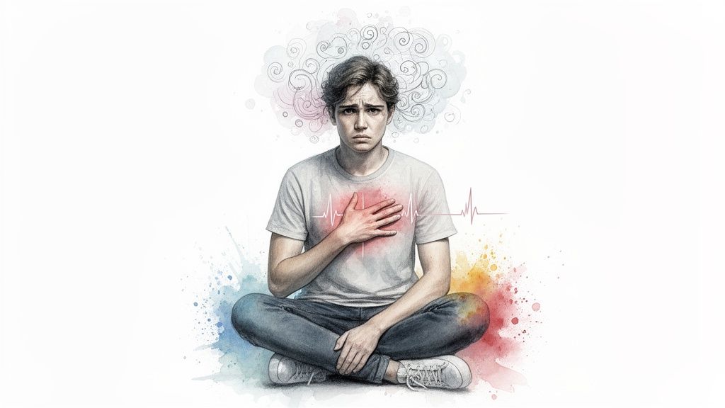 A young man sits distressed, clutching his chest with a red glow and heart rate line, surrounded by swirling thoughts.