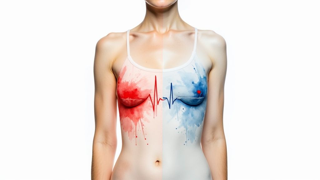 A woman's torso painted with a split red and blue bra design, featuring an ECG line across the chest.
