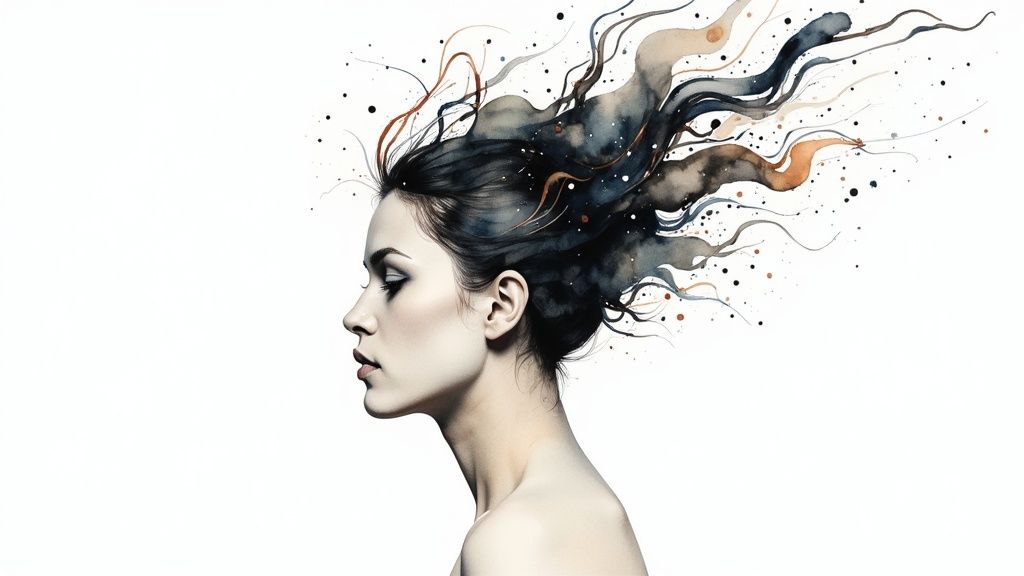 A woman sits on her bed in the morning, looking thoughtful and calm as sunlight streams in.