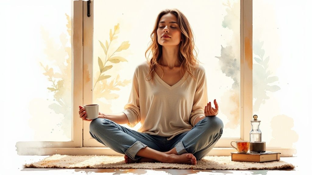 A person sitting peacefully by a window with a cup of tea in the morning
