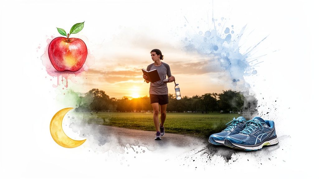 Person walking in park at sunset with book and water, alongside an apple, moon, and running shoes.