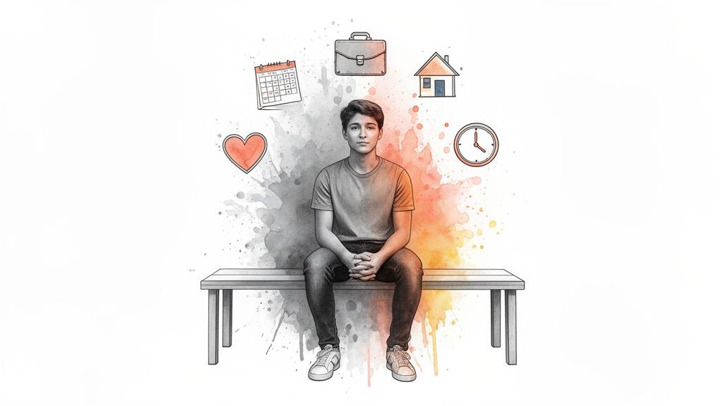 A young person sits contemplatively on a bench, surrounded by life's demands: work, home, time, and relationships.