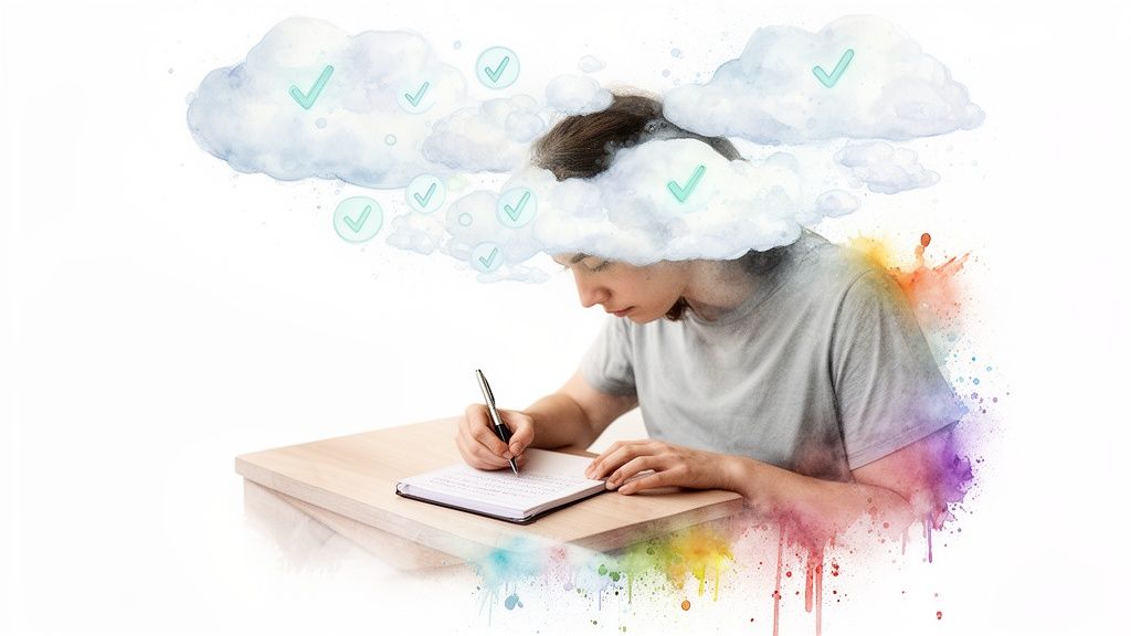 A person writes in a notebook on a desk with watercolor clouds and checkmarks above their head.
