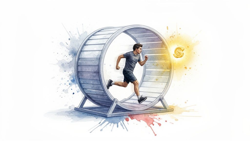 A man in athletic wear runs vigorously in a large hamster wheel, chasing a glowing dollar sign.