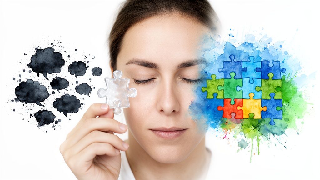 A woman with eyes closed, holding a puzzle piece, flanked by dark thoughts and colorful solutions.