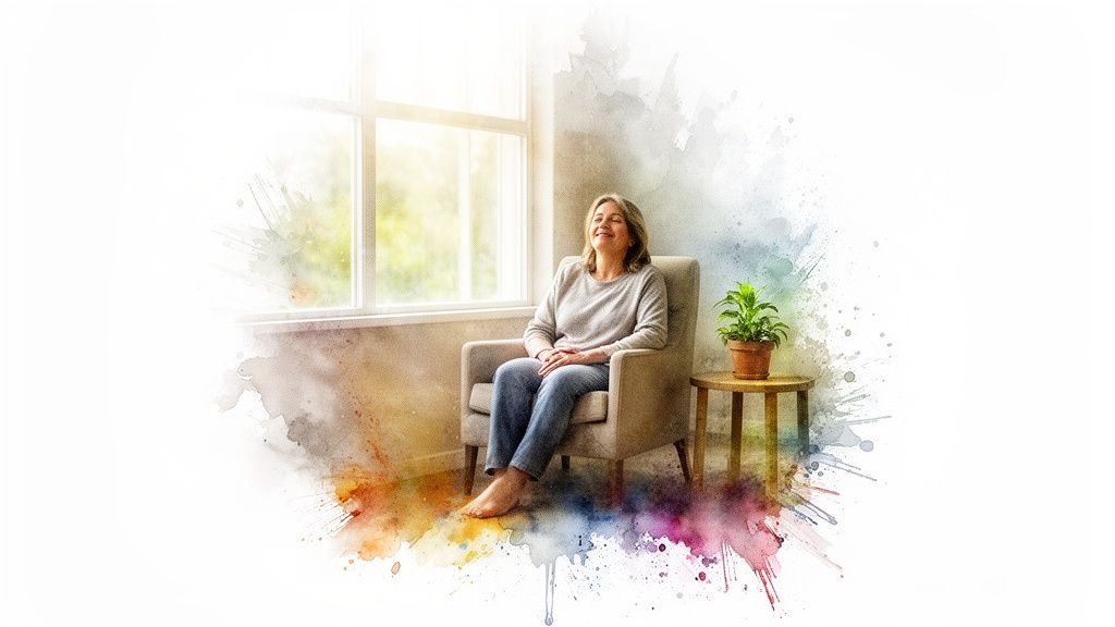 A happy woman relaxing comfortably in an armchair by a sunlit window, smiling peacefully.