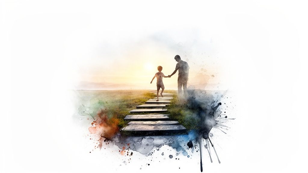 A watercolor image of a father and son walking hand-in-hand on a path towards a bright sunset, symbolizing guidance.