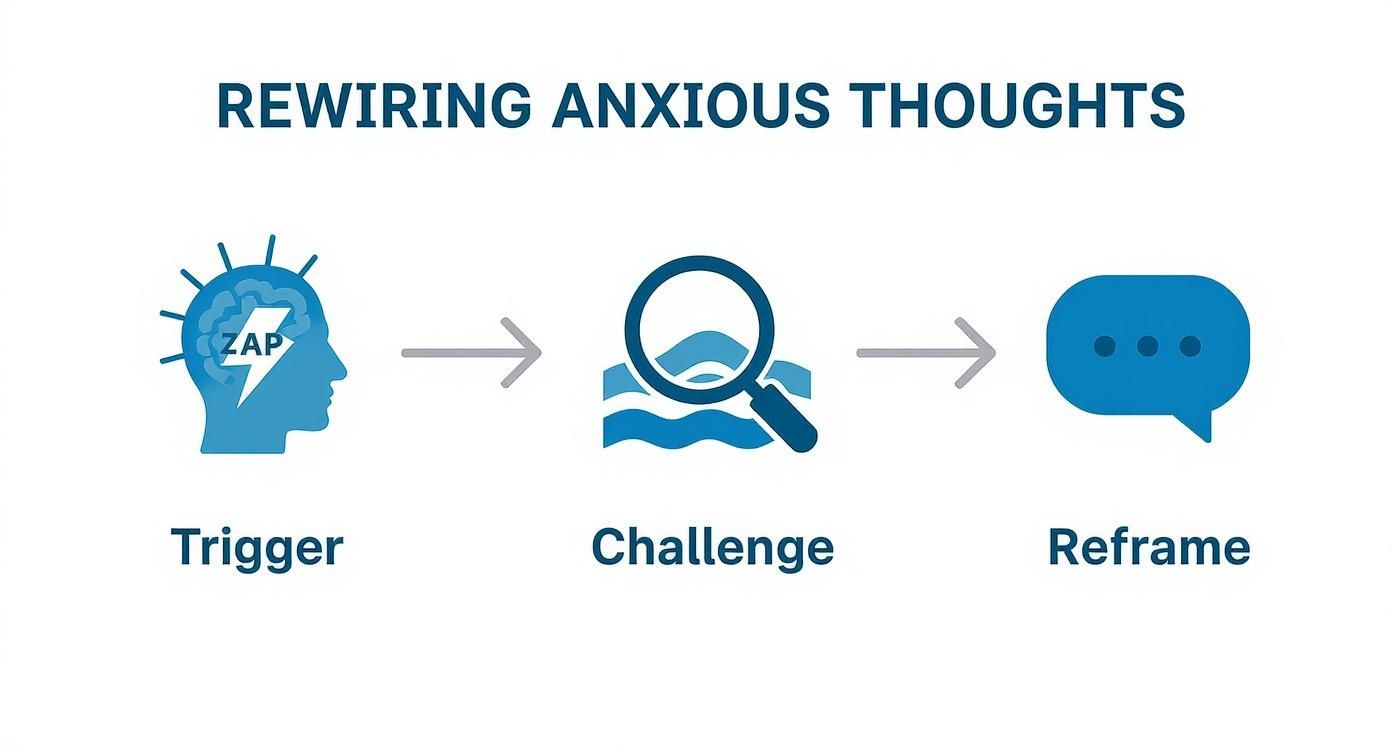Three-step cognitive behavioral therapy process showing trigger, challenge, and reframe stages for managing anxious thoughts