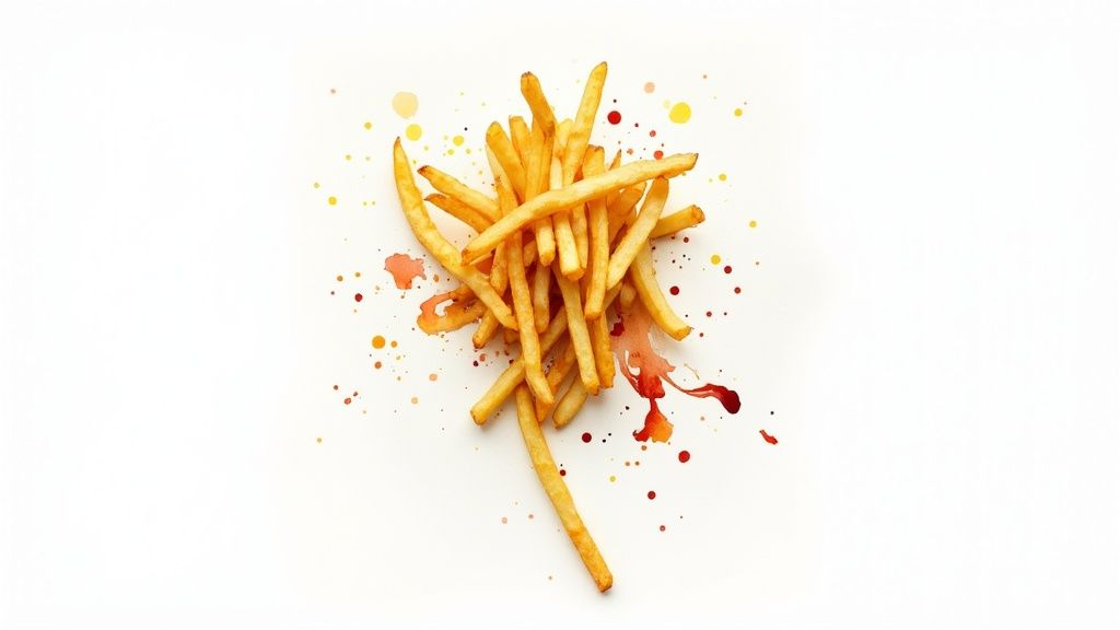 A vibrant illustration of golden french fries with colorful watercolor splatters on a clean white background.