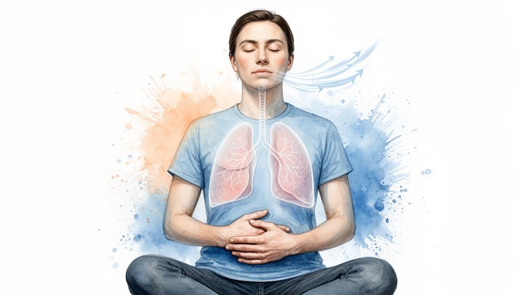 A person meditating with transparent lungs illustrates the deep connection between mind and body, central to CBT and breathing exercises for mental health self care tips.