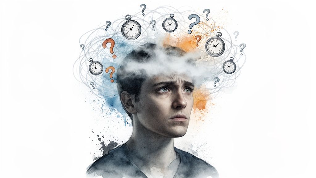 A distressed man with a cloud, question marks, and clocks swirling around his head.