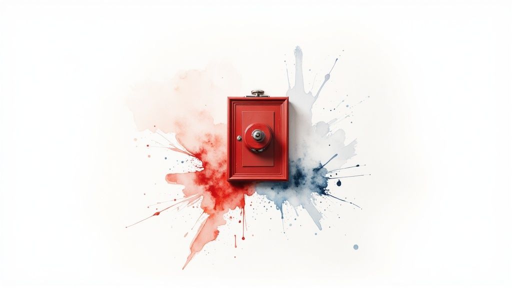 A red fire alarm box centered on a white background with abstract red and blue watercolor splatters.