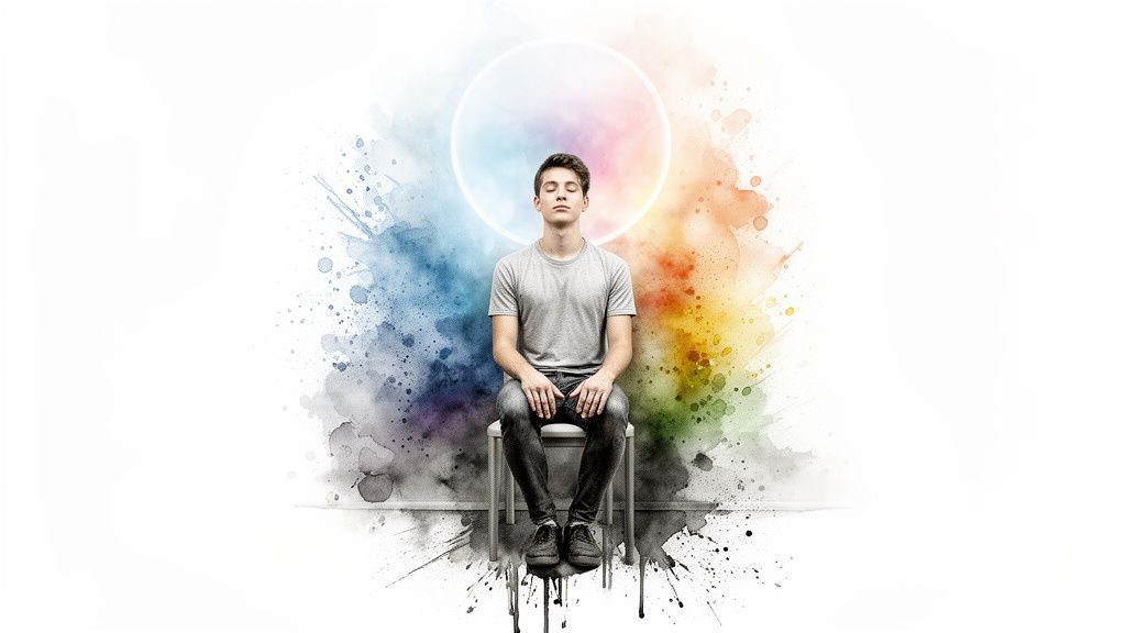 A person meditating on a chair with eyes closed, surrounded by colorful watercolor splashes and a glowing circle.