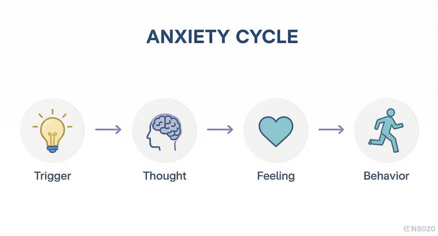 Diagram illustrating the anxiety cycle: Trigger, Thought, Feeling, and Behavior linked by arrows.