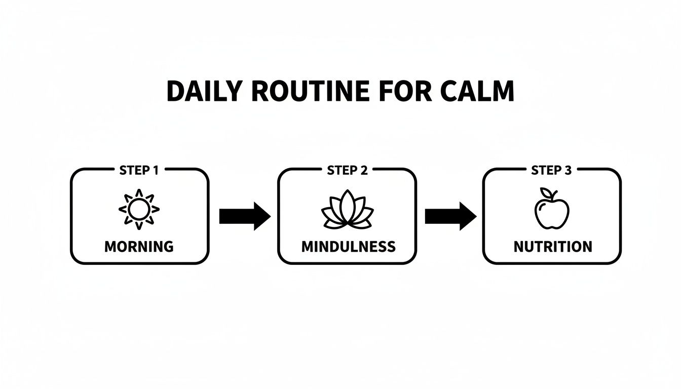 A three-step daily routine for calm: morning with a sun, mindfulness with a lotus, and nutrition with an apple icon.