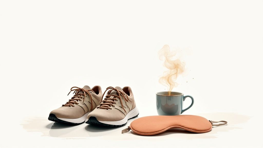 Beige running shoes, a steaming coffee, and a sleeping mask symbolize morning routine or wellness.