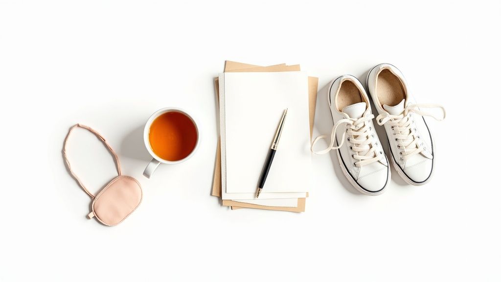Flat lay of relaxation and productivity essentials: a sleep mask, tea, notebook, pen, and white sneakers.