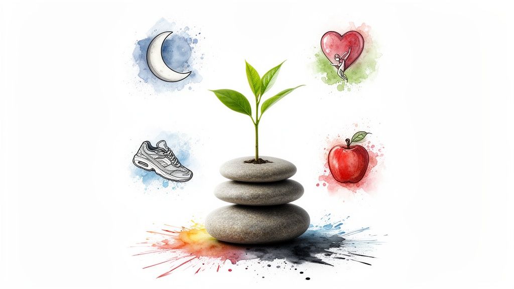 Watercolor illustration of a plant on zen stones with symbols for sleep, exercise, emotional health, and nutrition.