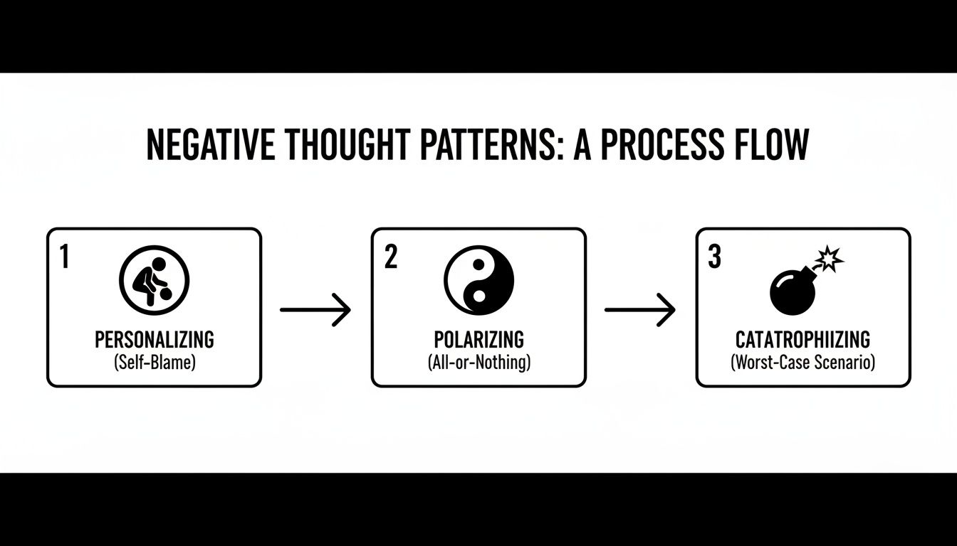 Flow chart illustrating three negative thought patterns: Personalizing, Polarizing, and Catastrophizing, with icons.