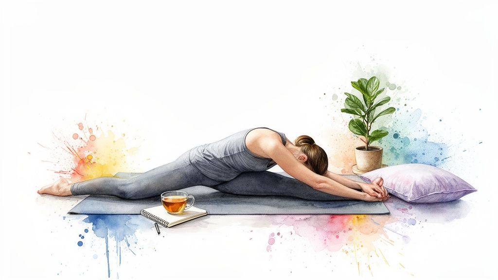 A woman in a grey outfit performs a seated yoga stretch on a mat, surrounded by a cup of tea, a notebook, a small plant, and a pillow, all against a white background with colorful watercolor splatters.