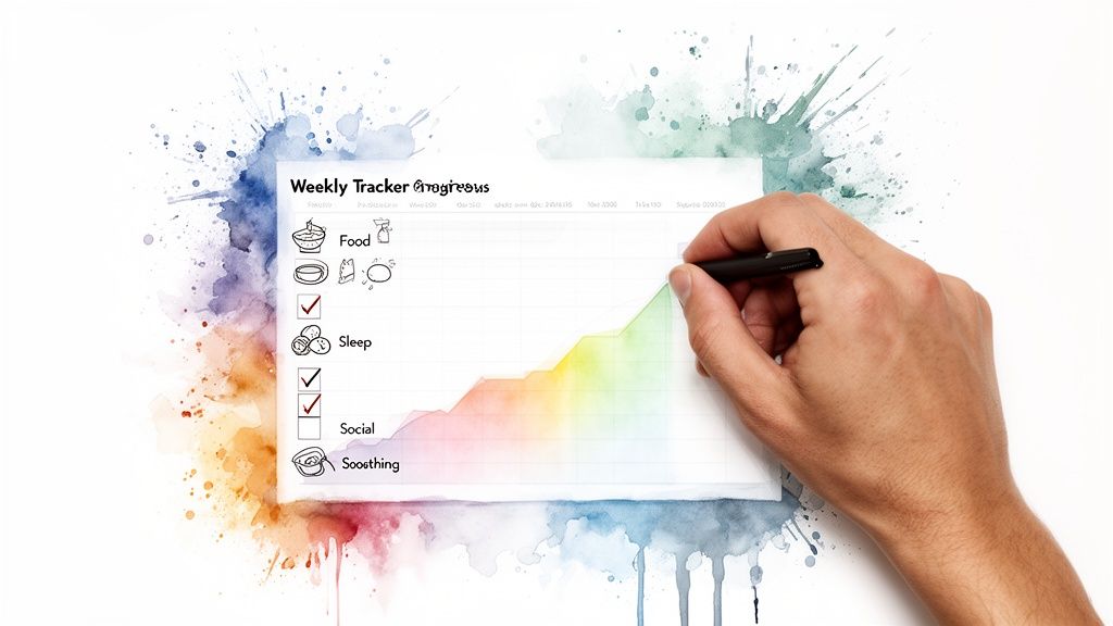 A hand uses a pen to mark progress on a colorful weekly tracker for self-care goals.