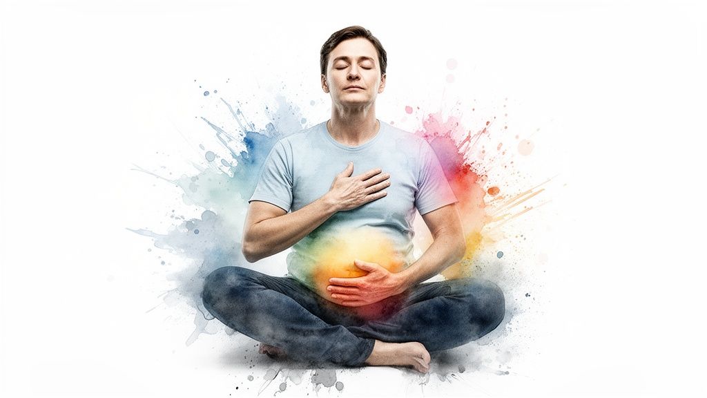 A man meditating with eyes closed, hands on chest and stomach, surrounded by colorful energy splashes.