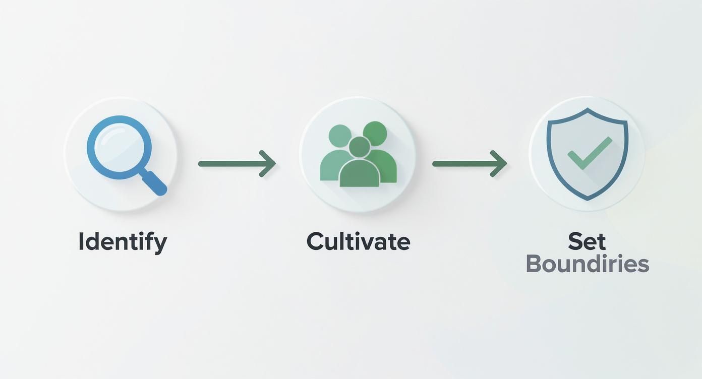 Three-step process diagram showing identify, cultivate, and set boundaries stages with magnifying glass, people, and shield icons