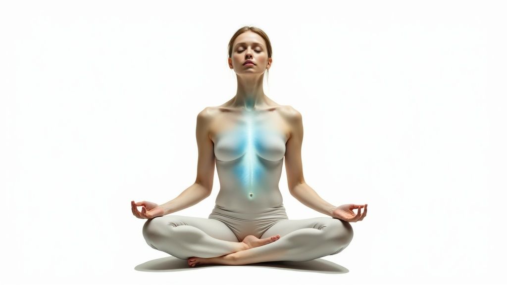 A calm woman meditating in a lotus pose with a glowing blue light in her chest and spine.