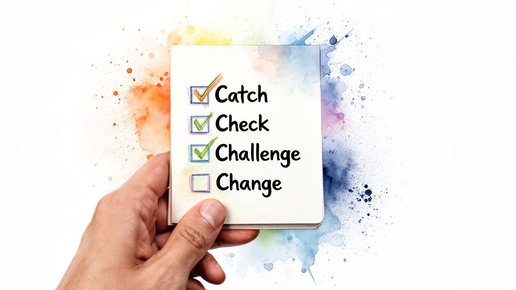 A hand holds a checklist notebook with 'Catch, Check, Challenge' marked and 'Change' unchecked.