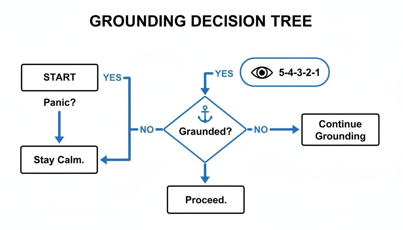 Flowchart showing a grounding decision tree for managing panic, with steps like starting, staying calm, and checking if grounded.