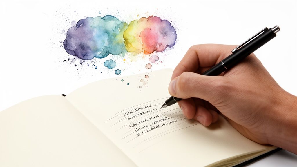 Hand writing in a notebook with a pen, colorful watercolor thought clouds above.