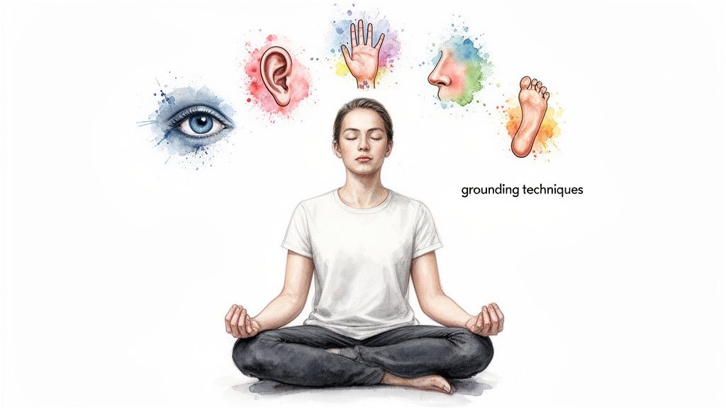 A person meditating with eyes closed, surrounded by watercolor illustrations of eye, ear, hand, nose, and foot, representing grounding techniques.