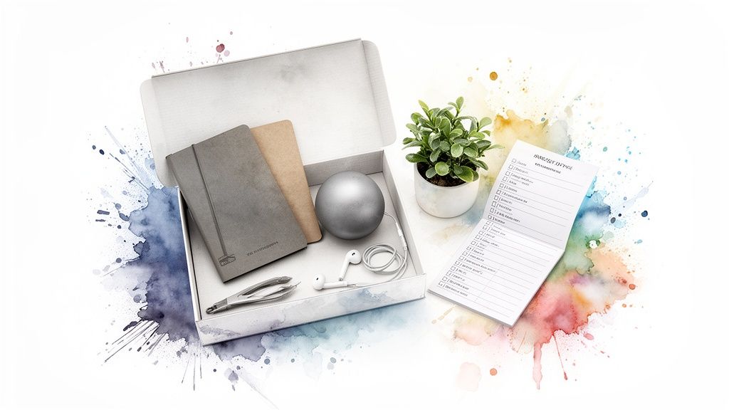 An open white box displays two notebooks, a silver sphere, earphones, and a tool, next to a potted plant and a checklist on a watercolor background.
