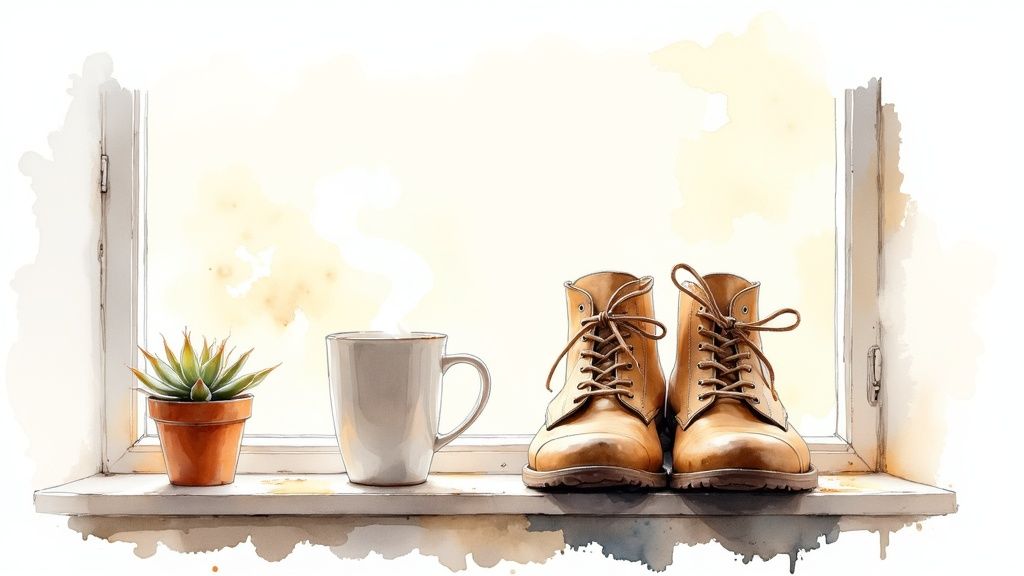 A watercolor painting of a succulent, a steaming mug, and brown boots on a sunny window sill.