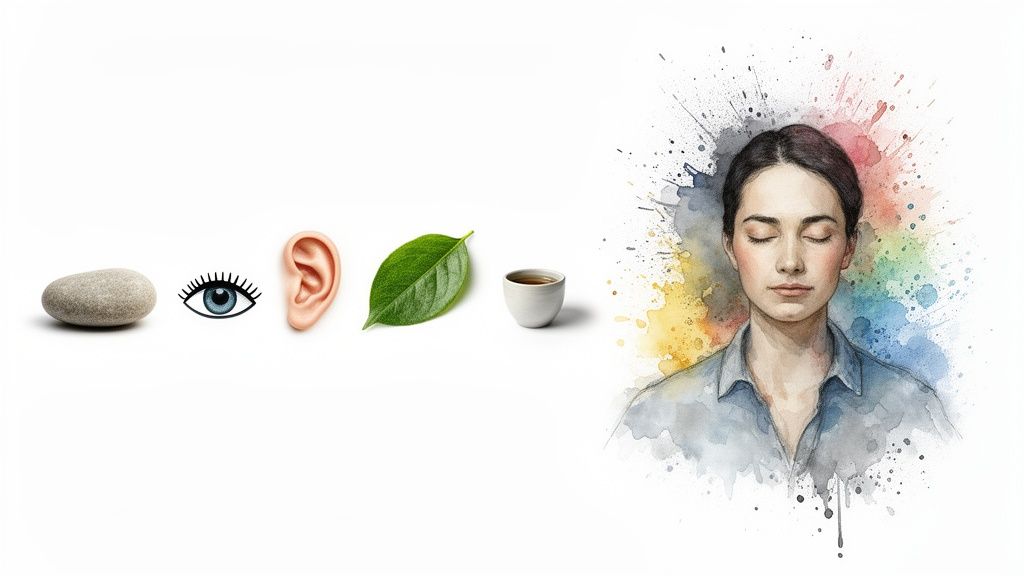 Watercolor image of a serene woman meditating, surrounded by symbols of the five senses.